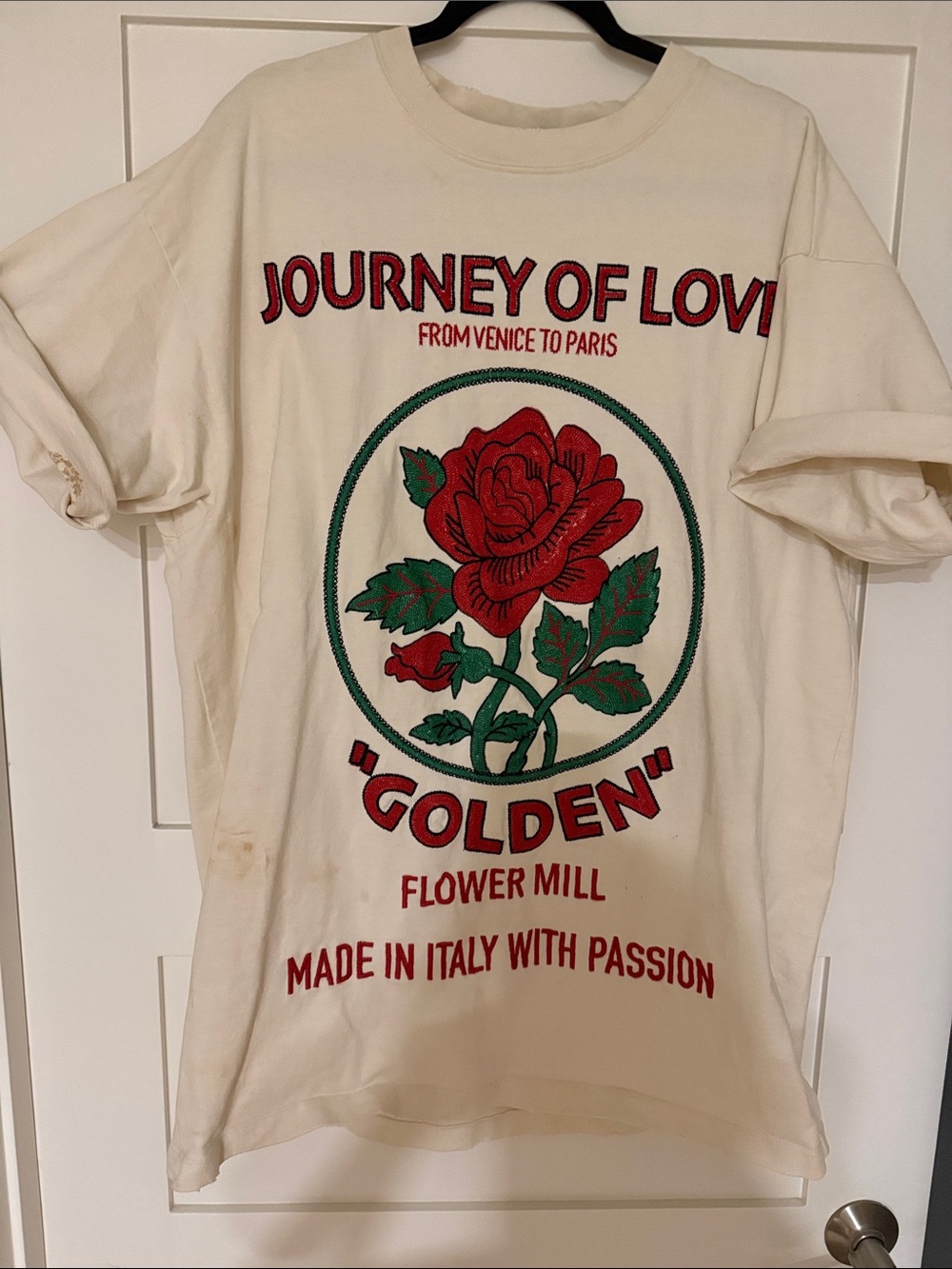 Golden Goose Cream Tee with Red Rose Graphic